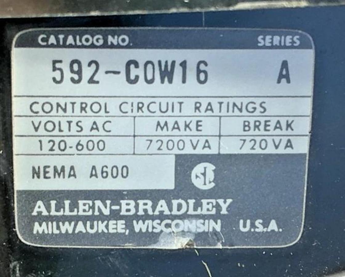 Used Allen Bradley 592-COW16 Ser A Overload Relay 3P 120-600VAC 592-C0W16