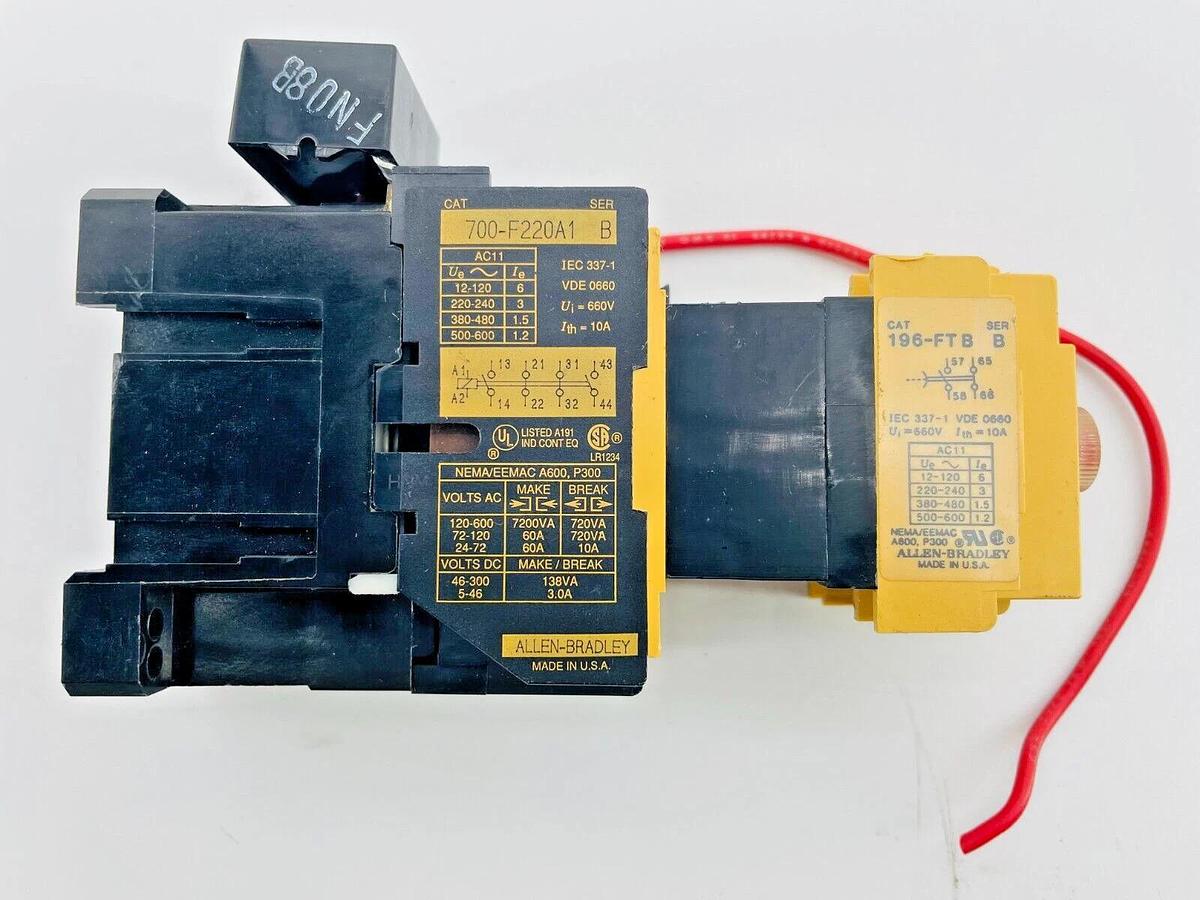 Used Allen Bradley 700-F220A1 Control Relay 10A 120V Ser B w/ 196-FTB Pneumatic Timer