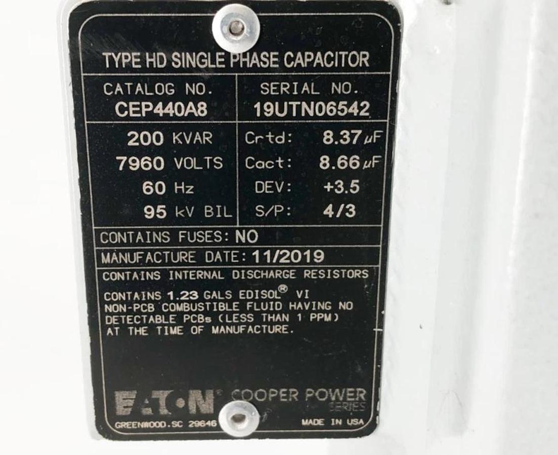 New Eaton CEP440A8 Type HD Single Phase Capacitor 200KVAR 7960V - No Box