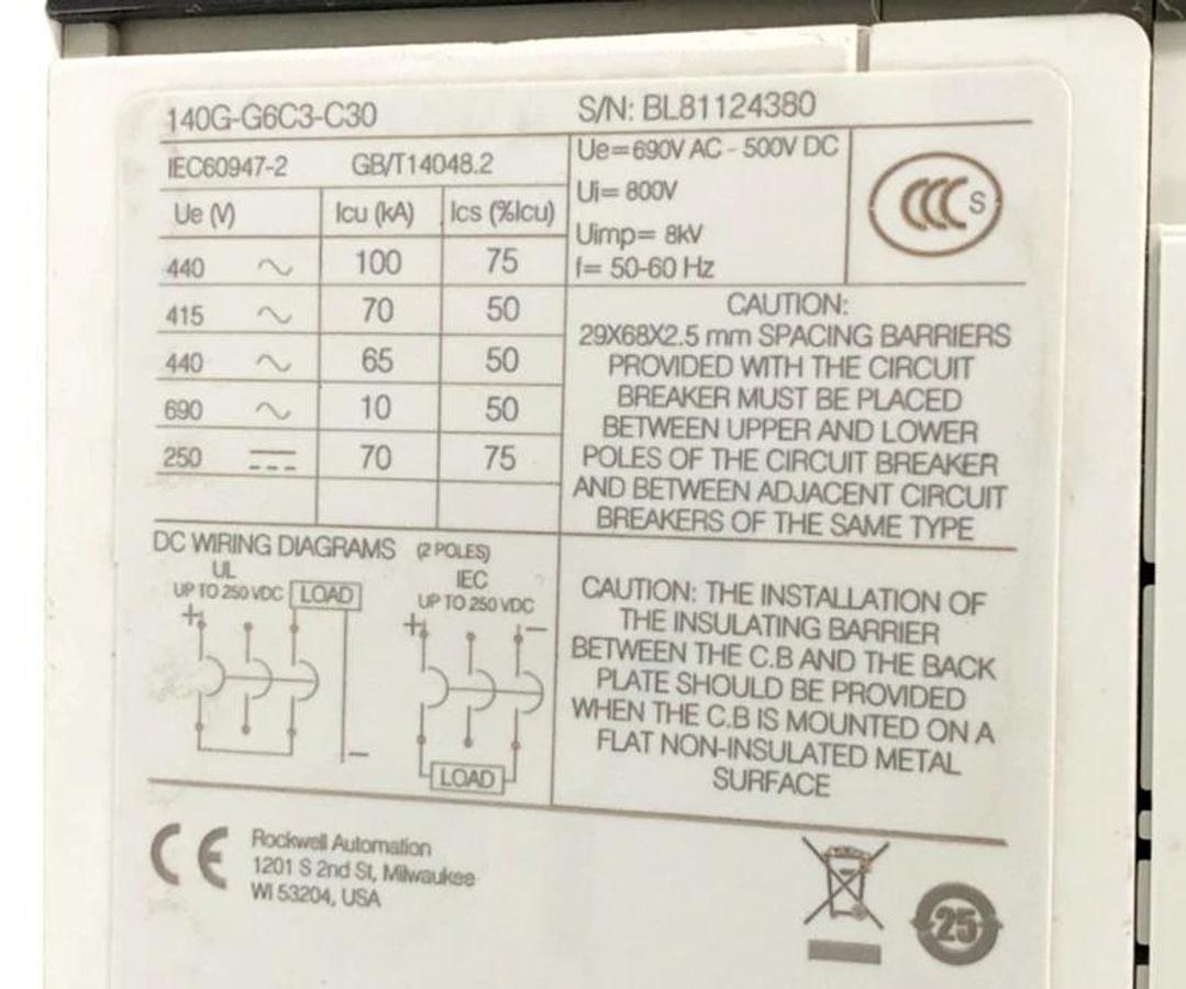 New Allen Bradley 140G-G6C3-C30 Circuit Breaker 30A 3P 480V-600Y/347V - No Box