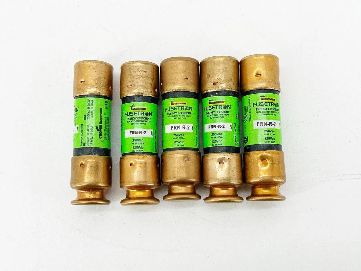 New Lot of 5 Bussmann FRN-R-2 Dual Element Time Delay Fuse 2A 250VAC 125VDC