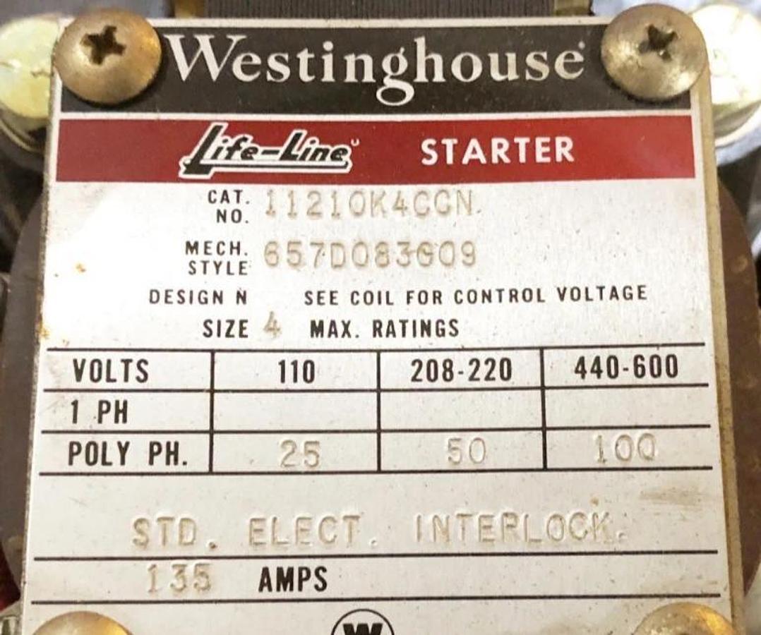 New Westinghouse 11210K4CCN-A Life-Line Starter 100HP Max Size 4 135A Type N