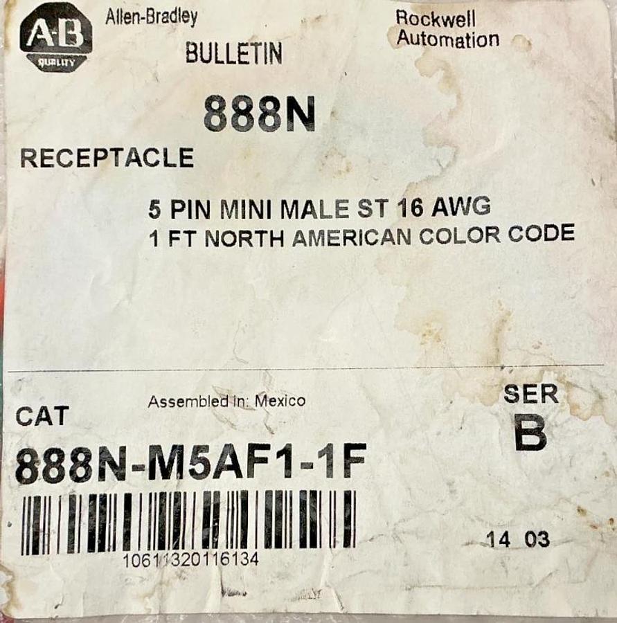 New Allen Bradley 888N-M5AF1-1F Ser B 5P 1ft Male Receptacle 16 AWG 1ft