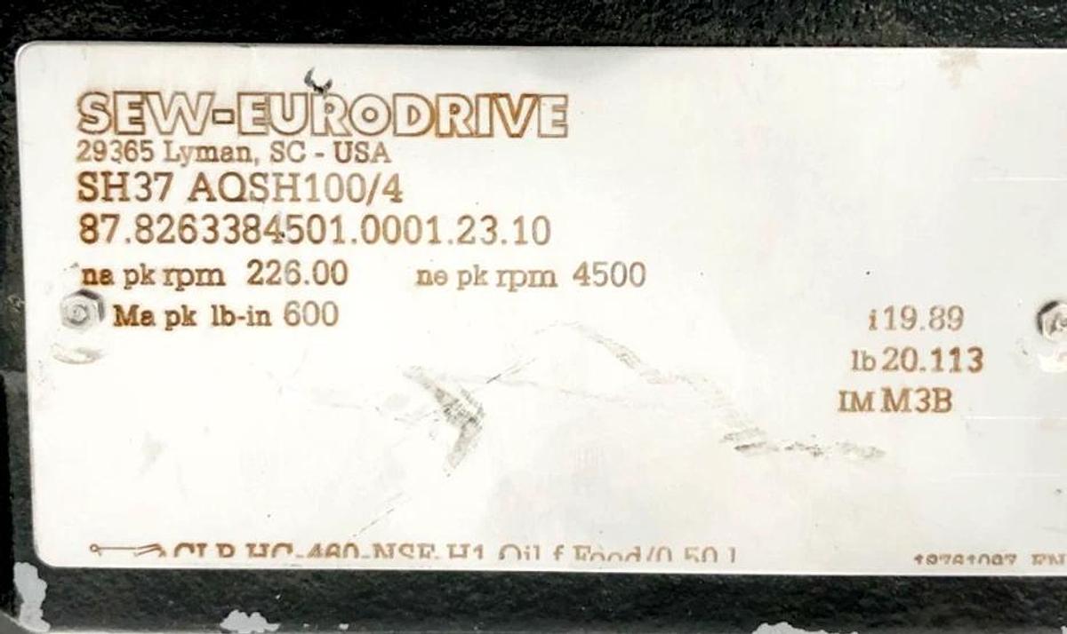 Used SEW Eurodrive SH37 AQSH100/4 Gear Reducer 19.89:1 4500rpm