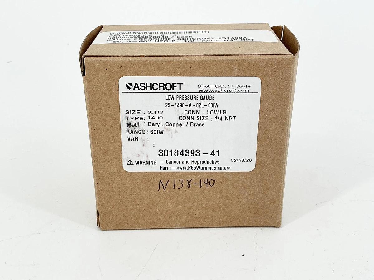 New Ashcroft 25-1490-A-02L-60IW Pressure Gauge 2-1/2" 60IW 1/4NPT