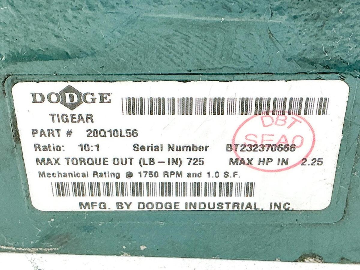 Used Dodge 20Q10L56 Gear Reducer 10:1 Ratio 2.25HP Input 1750RPM