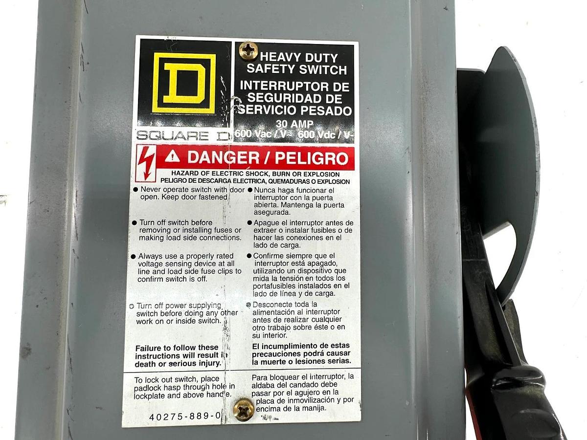 Used Square D HU361EI Safety Disconnect Snap Switch 30A 600V Max 3 Pole