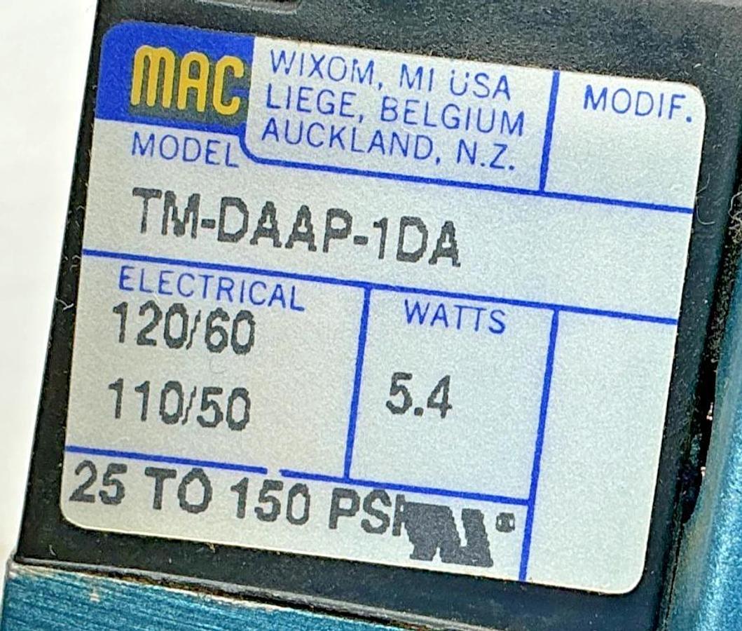 Used MAC Valves 82A-AA-CKA-TM-DAAP-1DA Solenoid Valve Missing Base 5.4W 150PSI 120V