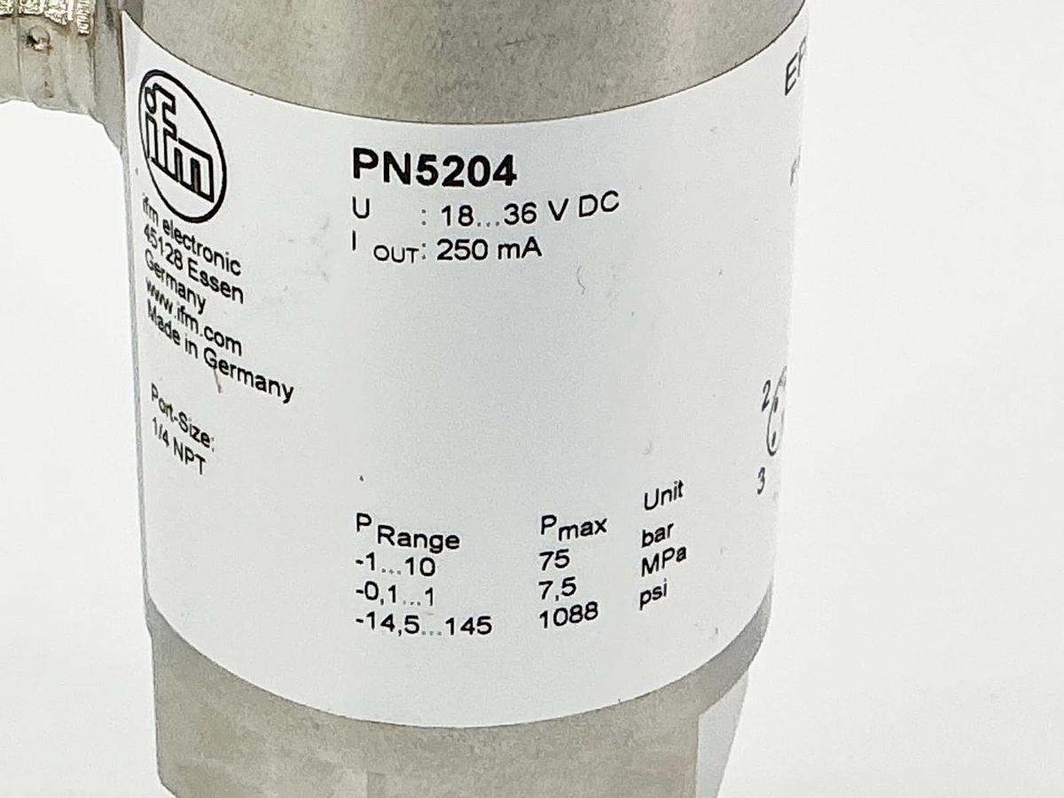New IFM PN5204 Pressure Sensor 35VDC 250mA 1088PSI 75Bar 1/4"NPT