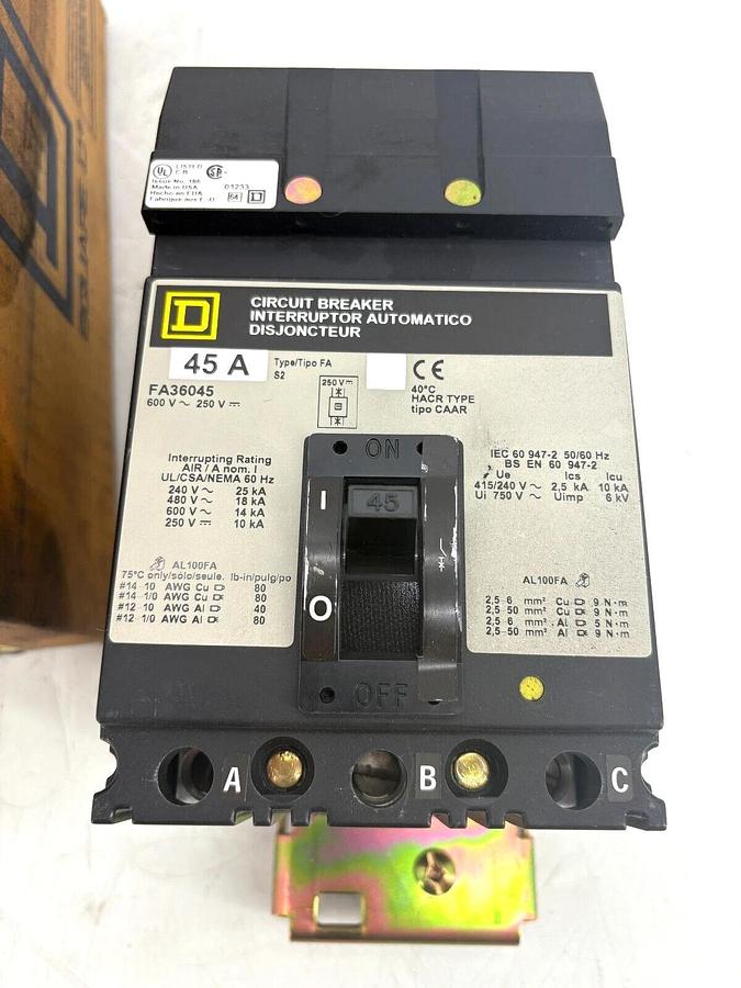 New Square D FA36045 Circuit Breaker 45A 600V 3P