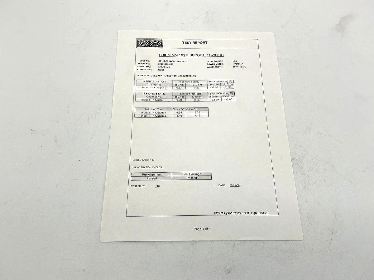 New Newport SP-12-62-N-8/13-N-N-9-1-Z 1X2 Fiberoptic Switch MPSN-62-12-OPT