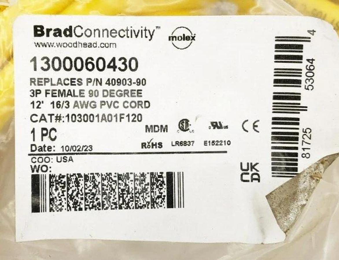 New Brad Connectivity 1300060430 Cordset 3P Female 90° 12FT. 16/3 AWG