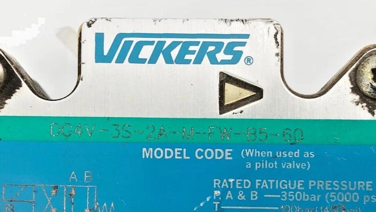 Used Vickers DG5S-8-2A-M-FW-B5-30 Solenoid Valve w/ DG4V-3S-2A-M-FW-B5-60 02-126461