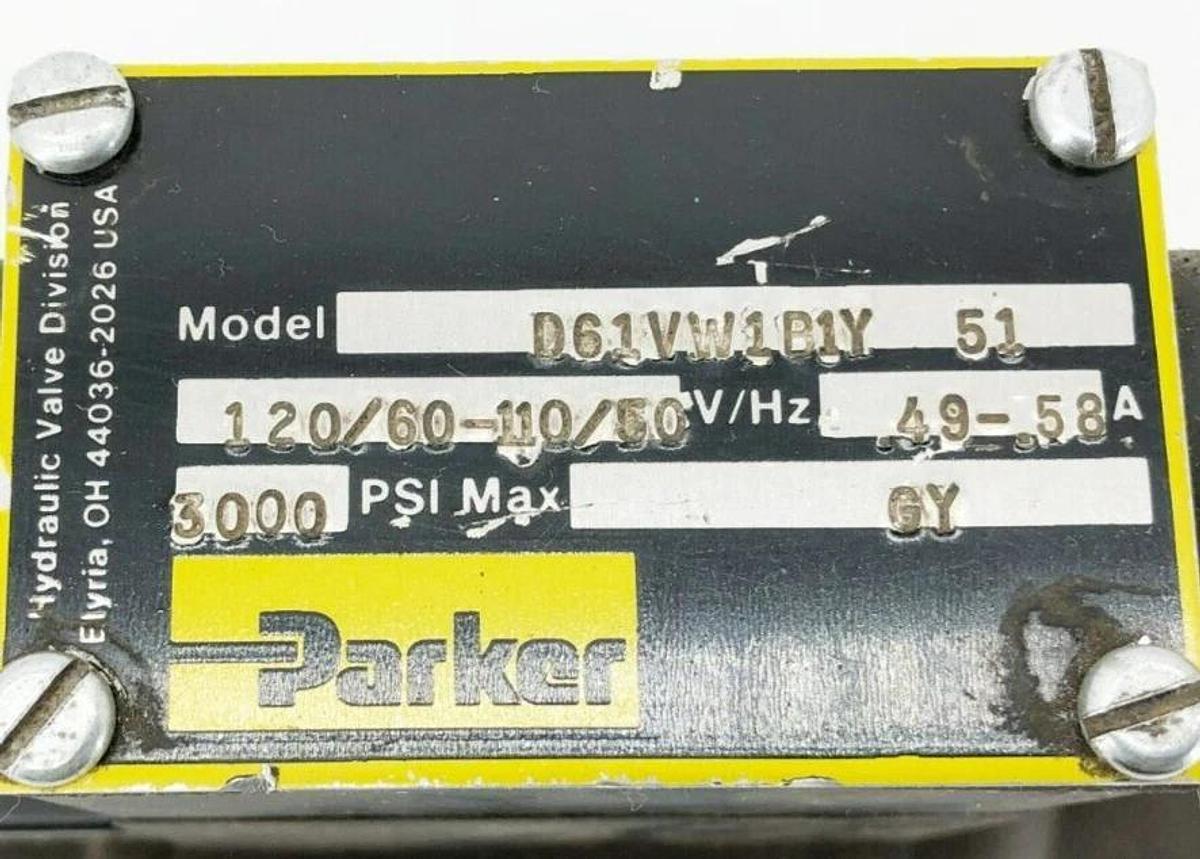 New Parker D61VW1B1Y 51 Directional Control Valve 120/60-110/50 .49-.58A 3000psi