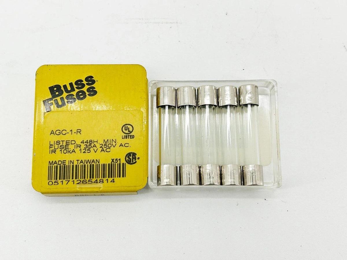 New Pack of 5 Bussmann AGC-1-R Glass Fuse 1A 250V