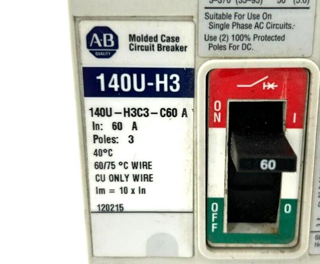 Used Allen Bradley 140U-H3C3-C60 Circuit Breaker, 60 A, 3 Pole,