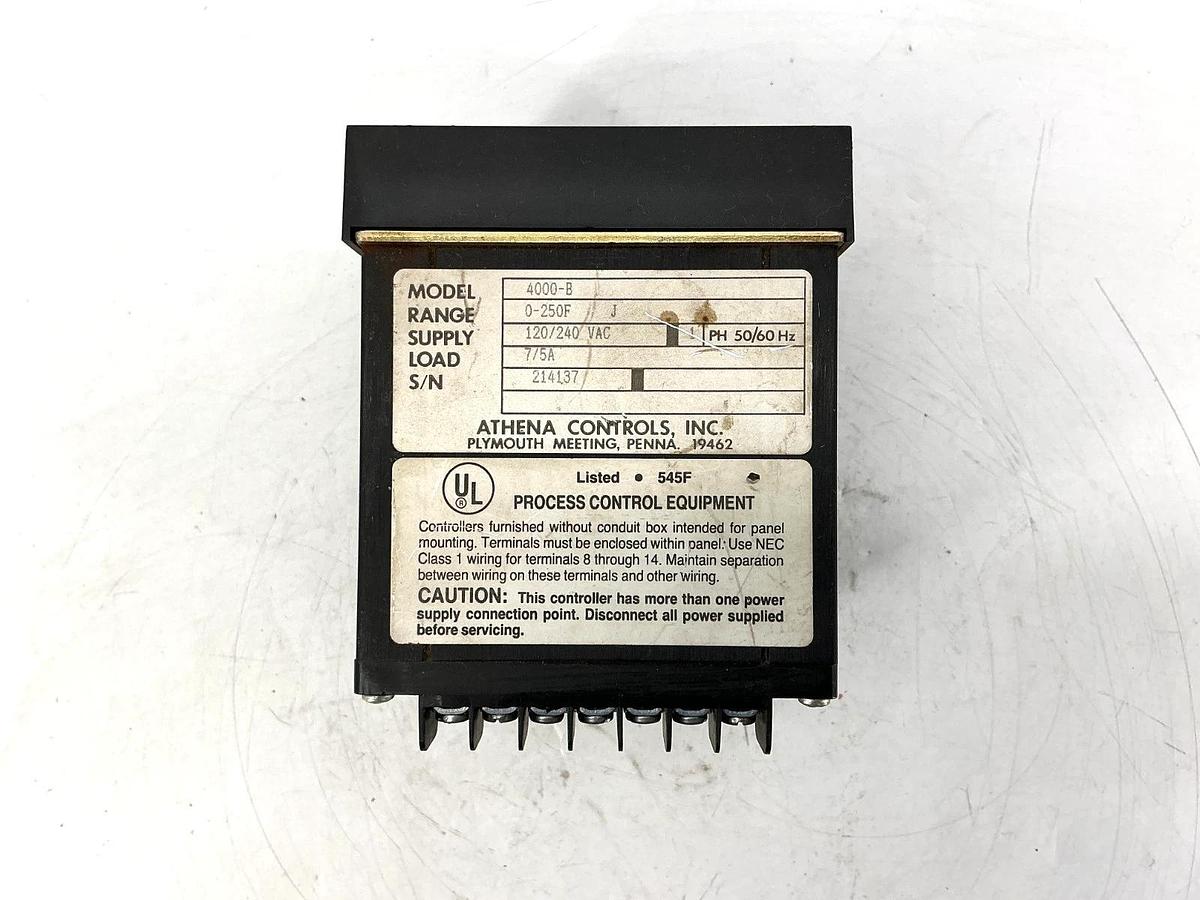 Used Athena Controls 4000-B Temp Controller 0-250F 7/5A 120/240VAC 1PH 50/60HZ 4000B