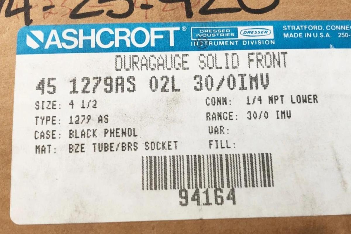 New Ashcroft 45-1279AS-02L-30/0IMV Pressure Gauge 4-1/2" 30/0IMV 1/4" NPT Lower