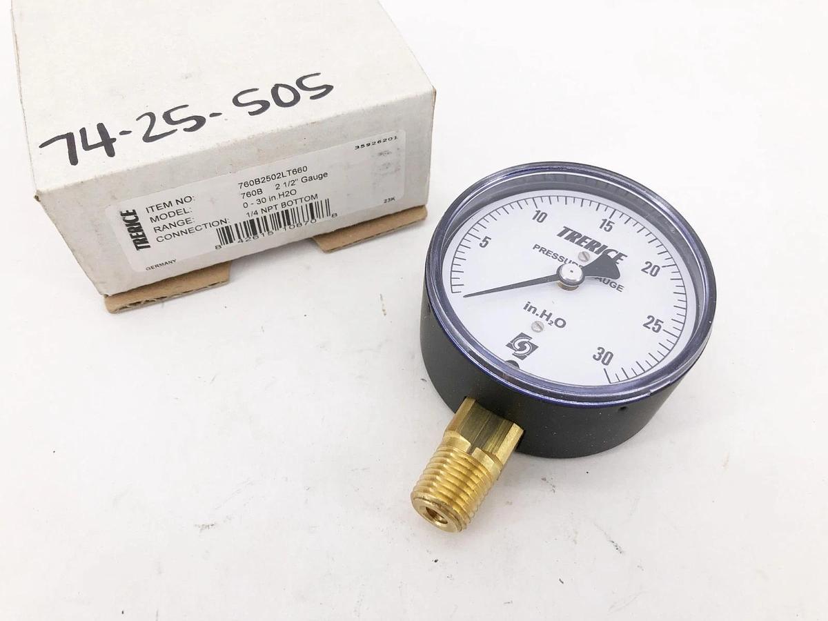 New Trerice 760B2502LT660 Gauge 760B 2-1/2" 0-30 in. H2O 1/4" NPT Bottom
