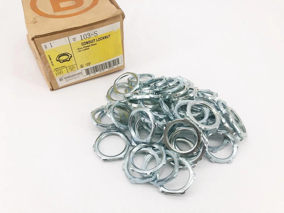 Box of 55 New Bridgeport 103-S Conduit Locknuts 1" Zinc Plated Steel