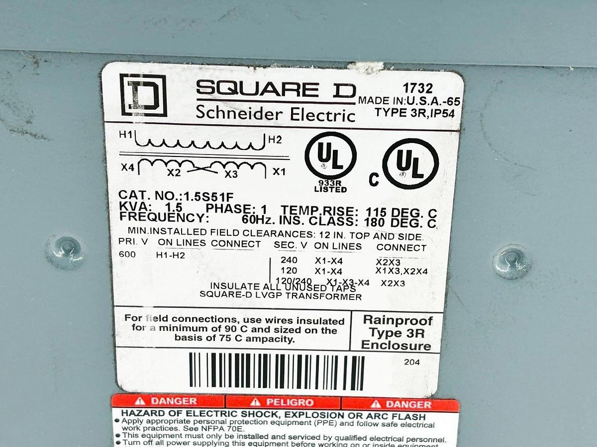 New Square D 1.5S51F Transformer 600V 1.5KVA 60Hz General Purpose