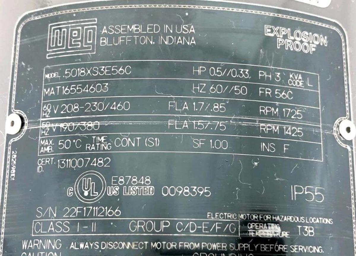 New Weg .5018XS3E56C Explosion Proof Motor 0.5/0.33 HP 3PH460V1725rpm - No Box