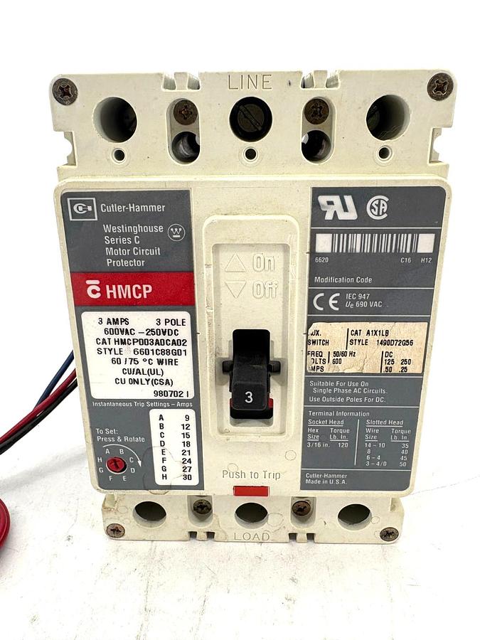 Used Cutler-Hammer HMCP003A0CA02 3A Circuit Breaker w/ A1X1LB Aux. Switch 600VAC 3P