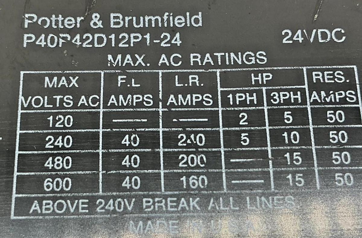 Used Potter & Brumfield P40P42D12P1-24 Contactor 3-Pole 24VDC Coil 50A 600V