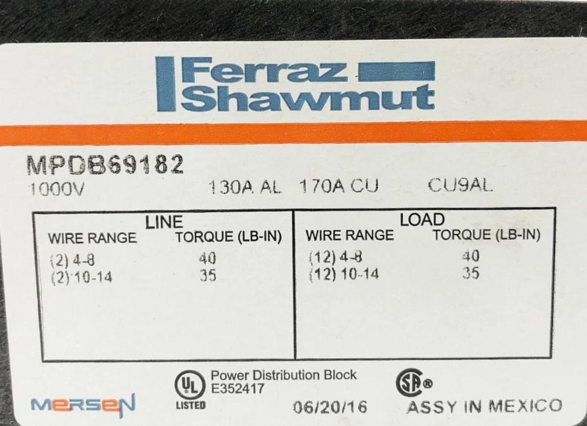 Used Ferraz Shawmut MPDB69182 Distribution Block Open Style 1000VAC/DC