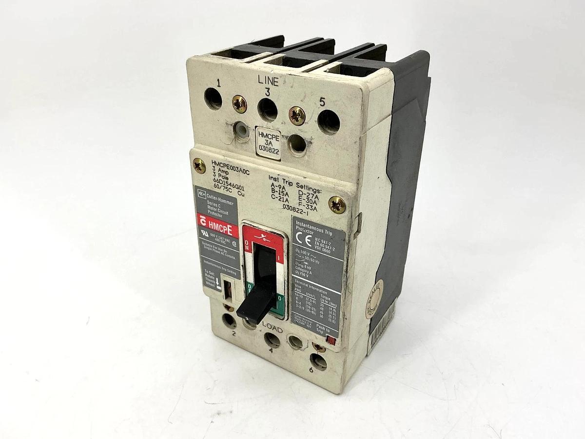 Used Cutler-Hammer HMCPE003A0C Ser C Motor Circuit Protector HMCP-E 3-Pole 3A 480VAC