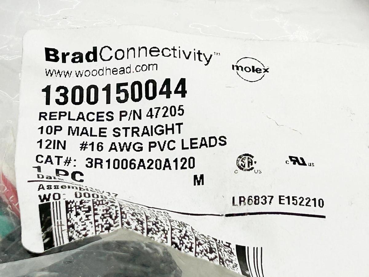 New Brad Connectivity 1300150044 Cordset 10P Male Straight 12" 16 AWG PVC Leads