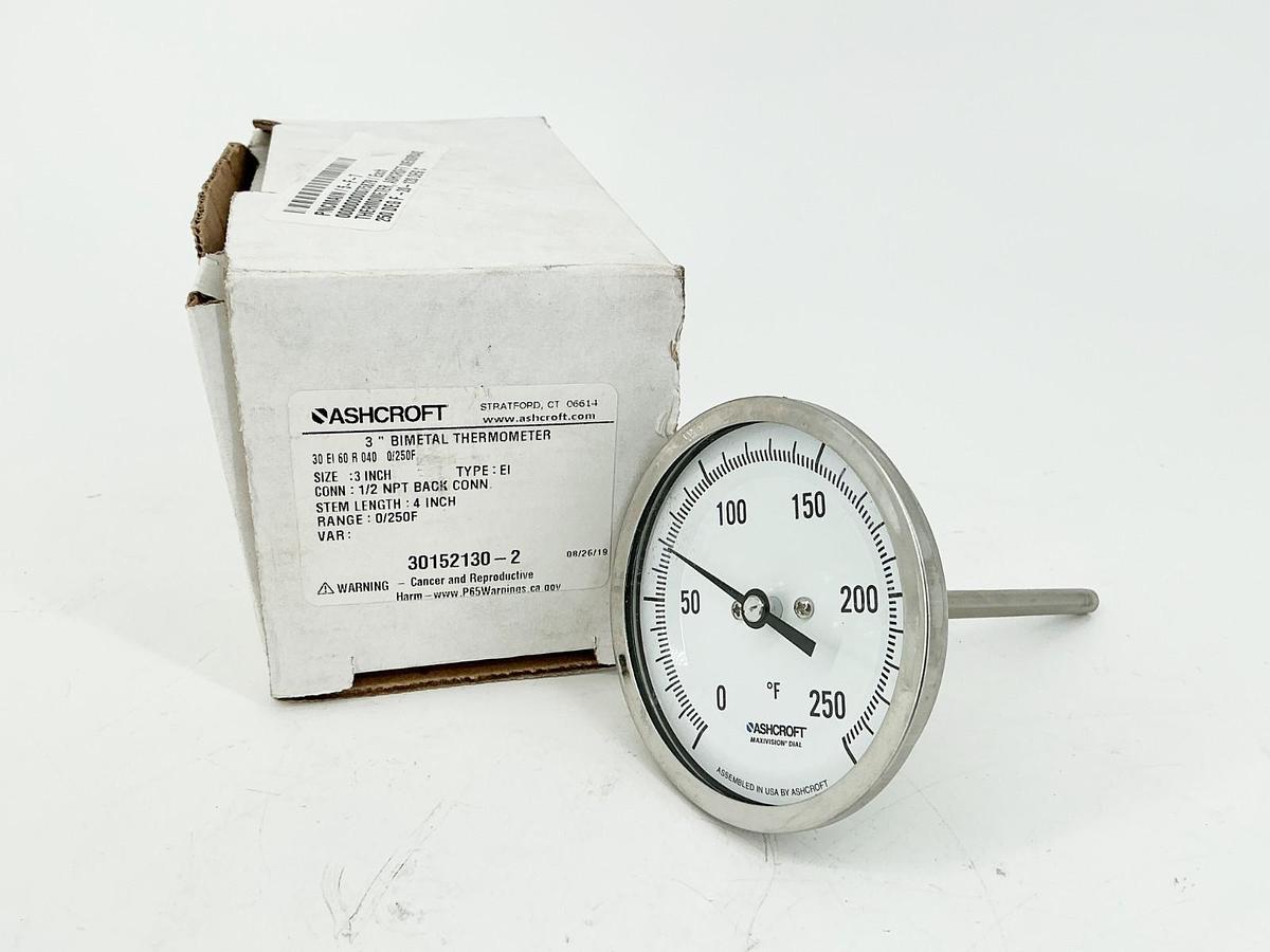 New Ahscroft 30-EI-60-R-040-0/250F 3" Thermometer 0/250F 3" 4" Stem 30152130-2