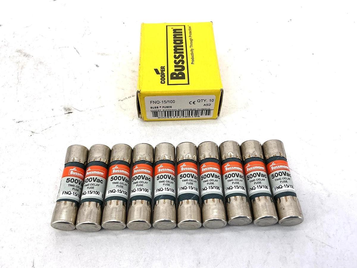 New Bussmann FNQ-15/100 500Vac Time-Delay Fuse 15/100A 500V Box of 10