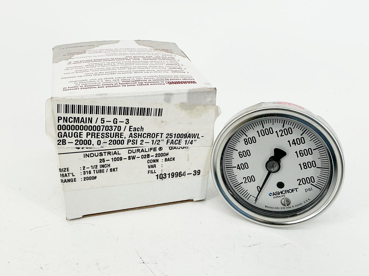 New Ashcroft 25-1009-SW-02B-2000# Pressure Gauge 0-2000PSI 2.5" Face 1/4" NPT