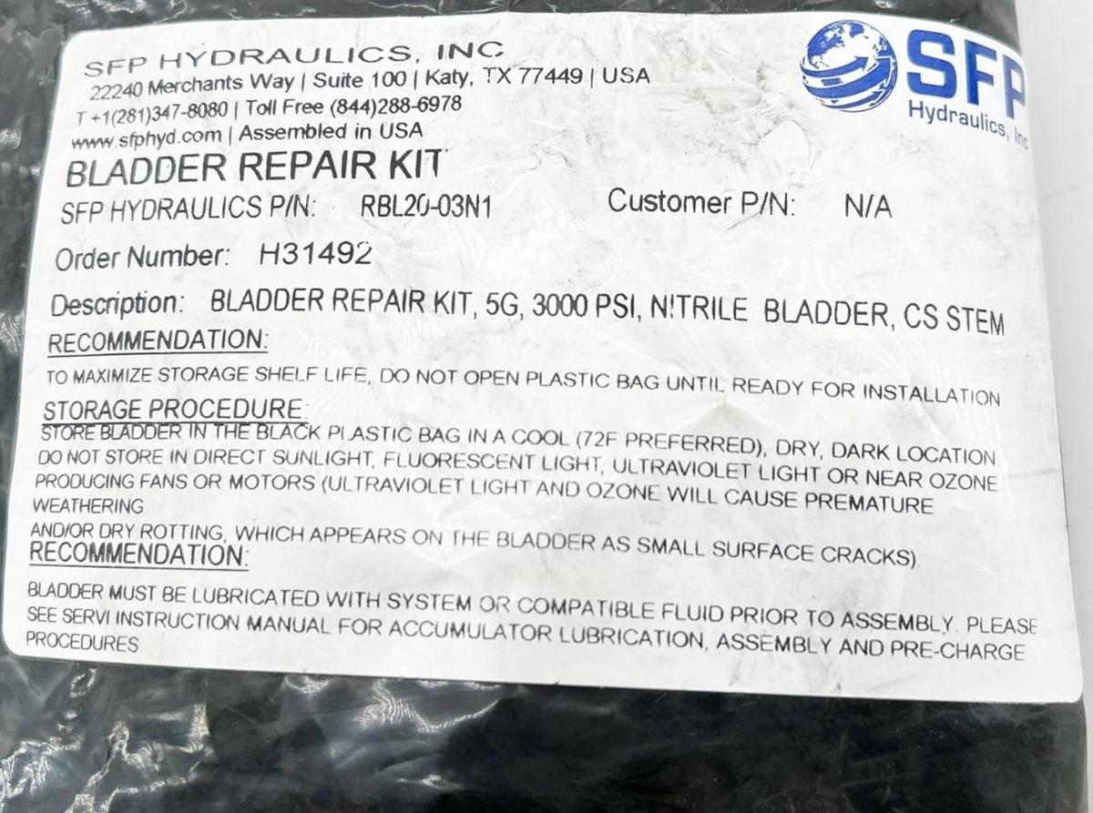 New SFP Hydraulics Inc RBL20-03N1 Bladder Repair Kit 3000PSI 5 Gallon Nitrile Bl