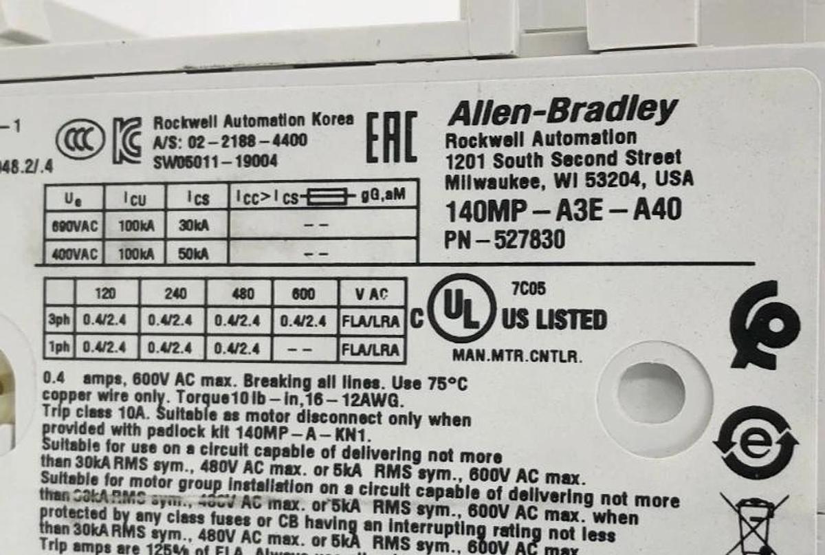 New Allen Bradley 140MP-A3E-A40 Motor Protector Breaker 0.25-0.4A - No Box