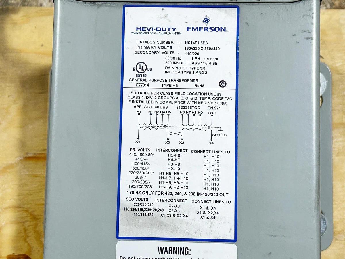 New Emerson Hevi-Duty HS14F1.5BS 1.5kVA Transformer Pri. 220/440V Sec. 110/220V