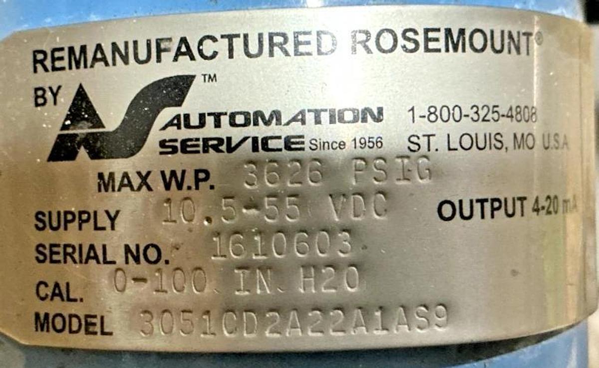 Used Rosemount 3051CD2A22A1AS9 Pressure Transmitter 3626PSIG 10.5-55VDC