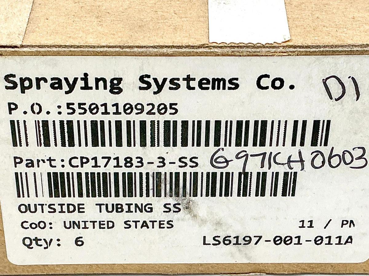 New Lot of 6 Spraying Systems CP17183-3-SS Outside Tubing SS LS6197-001-011A