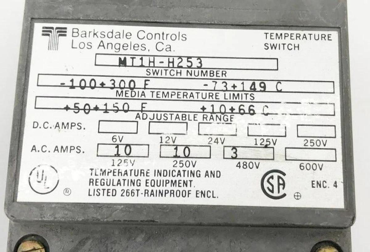 New Barksdale MT1H-H253 Temperature Switch 125/250/480VAC