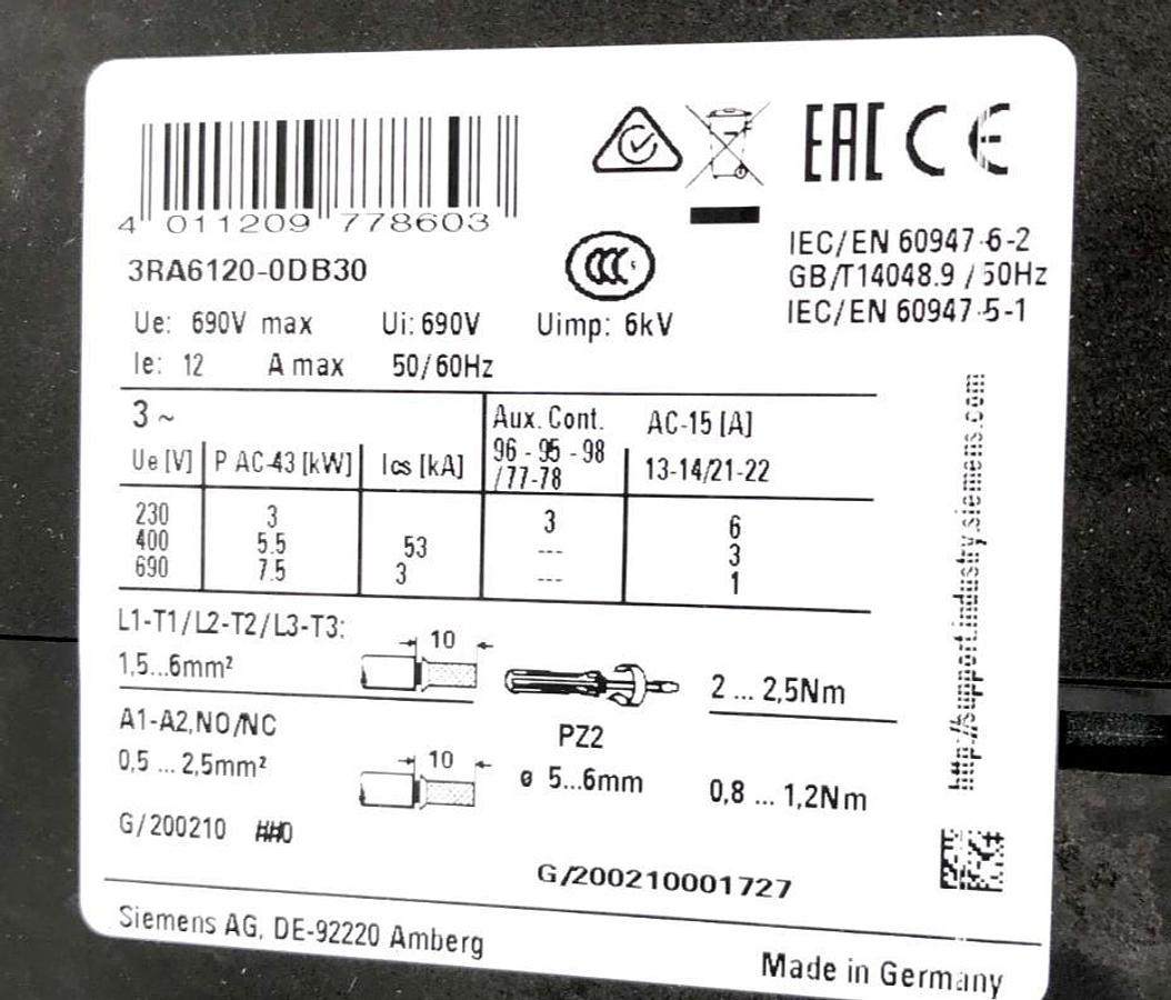 New Siemens 3RA6120-0DB30 Compact Load Feeder 690V 24VAC/DC 3-12A