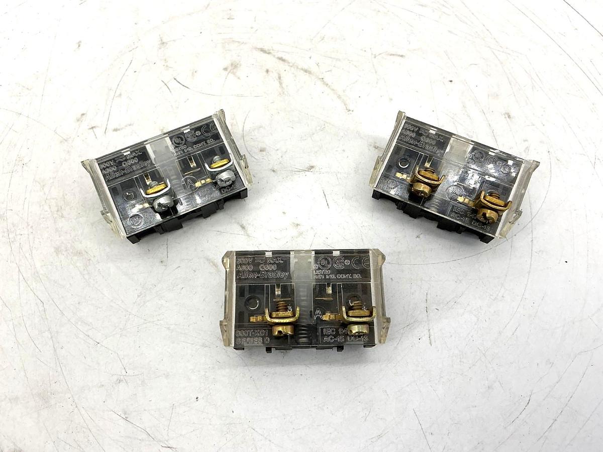 Used Lot of 3 Allen Bradley 800T-XD1 Ser D Shallow Contact Block 1-NO 10A 600V