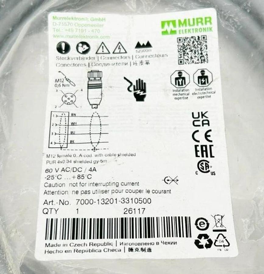 New Murr 7000-13201-3310500 M12 Female Cable, 60VAC/DC, 60A