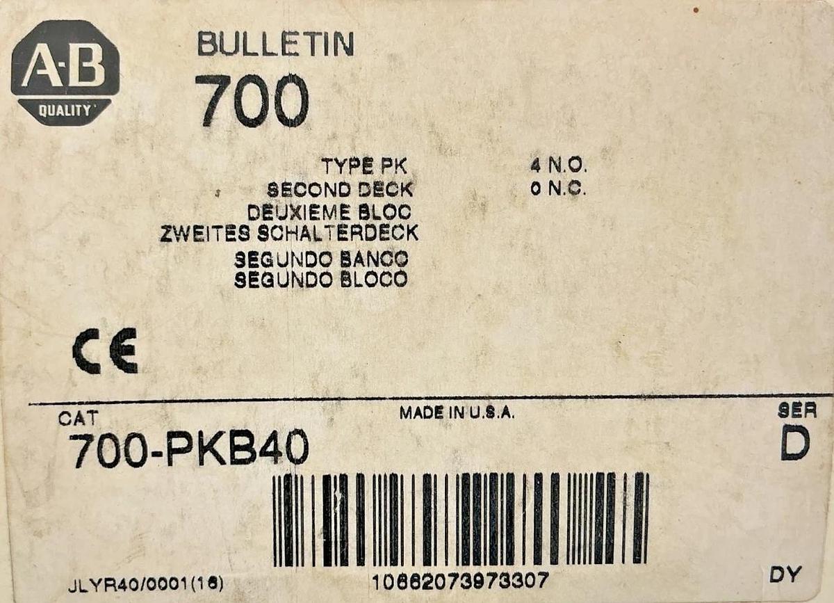 New Allen Bradley 700-PKB40 Ser D Type PK Second Deck 4NO 0NC 4P 20A 700PKB40