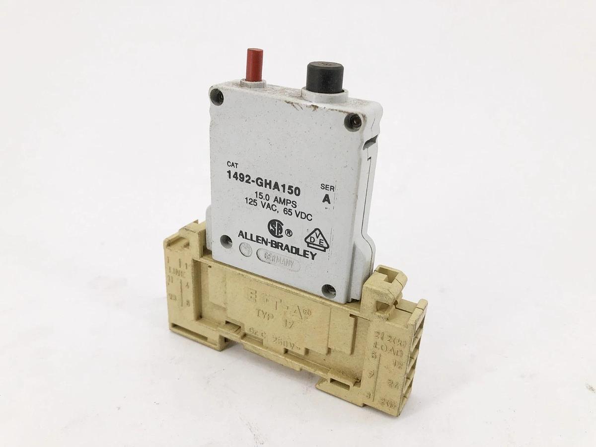 Used Allen-Bradley 1492-GHA150 Ser. A Circuit Breaker with ETA Base 15A 125VAC 65VDC
