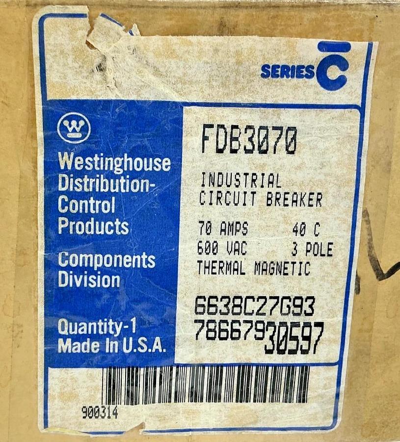 New Westinghouse FDB3070 Ser C Industrial Circuit Breaker 3-Pole 40C 70A 600V