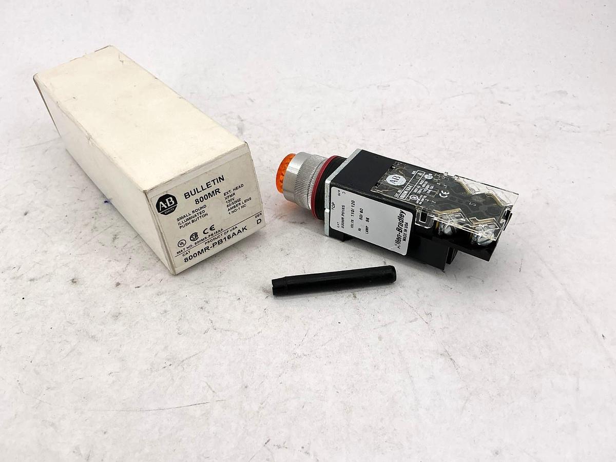 New Allen Bradley 800MR-PB16AAK Ser D Illuminated Pushbutton 120V Amber Lens