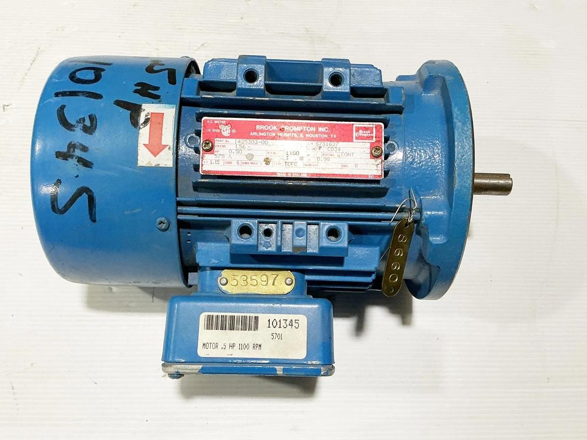 Used Brook Compton 1425303-00 Electric Motor 0.5HP 575V 1100RPM 3PH S731627
