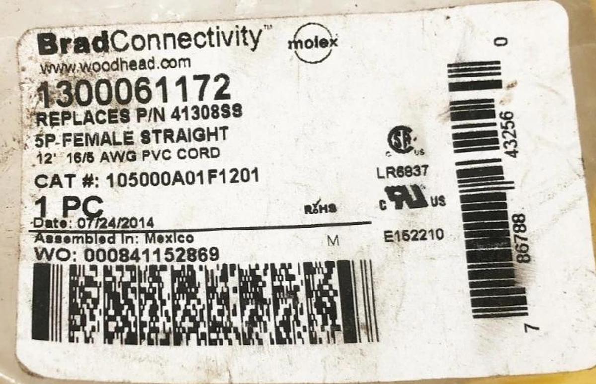 New Brad Connectivity 1300061172 Cable 5P Female Straight 12FT 16/5 AWG 41308SS