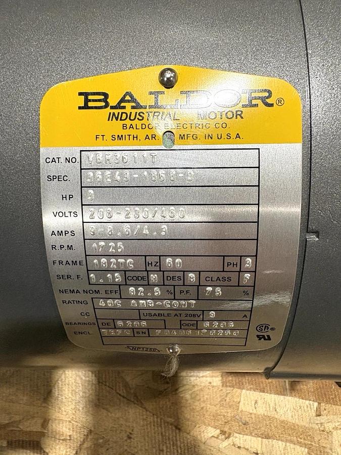 Used Baldor VBM3611T 3HP TEFC Brakemotor 208-230/460V 1800RPM 182TC Frame